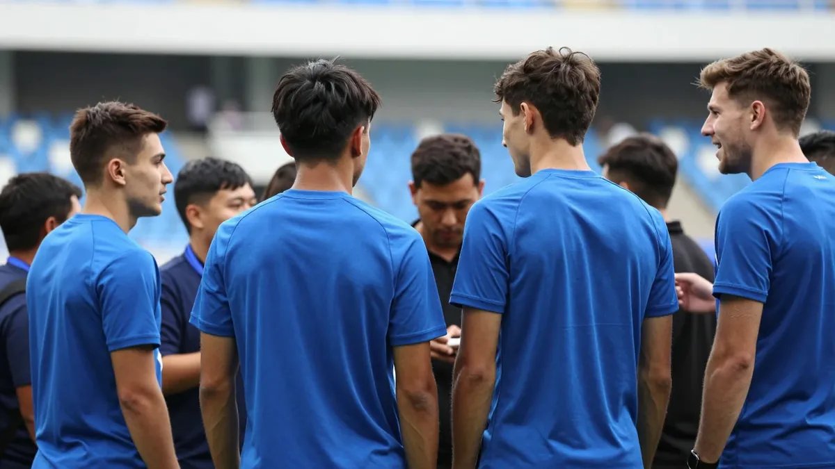 A wide shot of football fans in blue jerseys interacting with players at an event, stadium background blurred, natural...