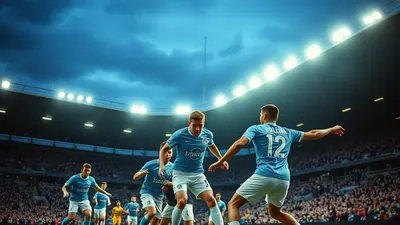 A dramatic mid-air duel on a rain-slick pitch, two anonymous forwards - one in plain white shirts with navy shorts, the...