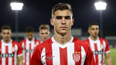 A 22-year-old Gent striker in a red and white striped shirt with a white collar, training with his teammates in the...