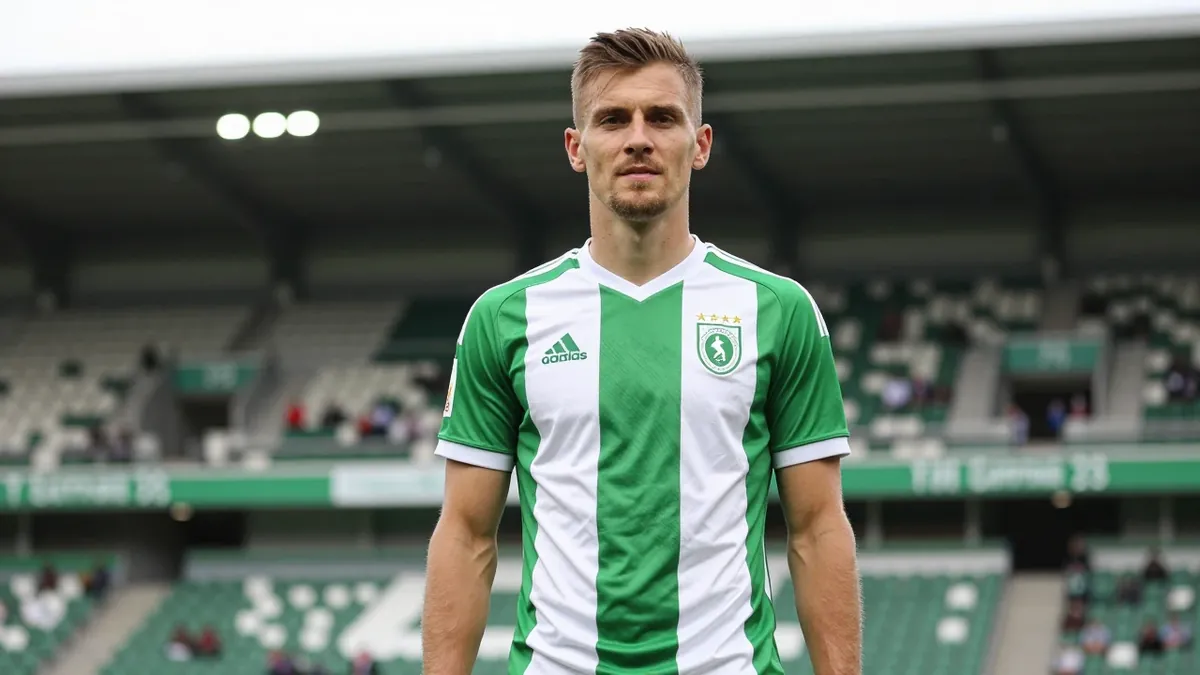 A photorealistic image of an anonymous KAA Gent player, aged 25-30, wearing a green and white jersey, with a confident...