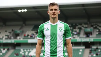 A photorealistic image of an anonymous KAA Gent player, aged 25-30, wearing a green and white jersey, with a confident...
