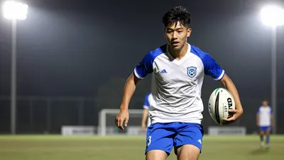 A tight action crop of a young Gent player in a white jersey with blue sleeves and blue shorts, running with the ball