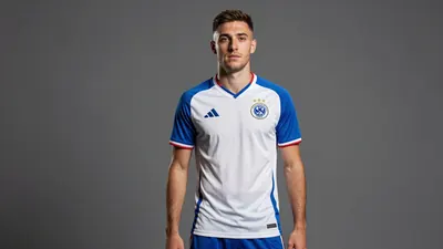 A photorealistic image of an anonymous Gent player in his 20s, wearing a white Gent jersey with blue sleeves and a blue...