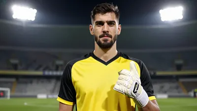 A 25-year-old, 1.85m tall, dark-haired, bearded goalkeeper with a strong build, wearing a yellow and black jersey with a...